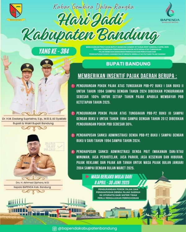 Hari Jadi Kab. Bandung ke 384, Bupati Bandung Beri Insentif Pemutihan Denda dan Pokok Pajak Tunggakan PBB-P2
